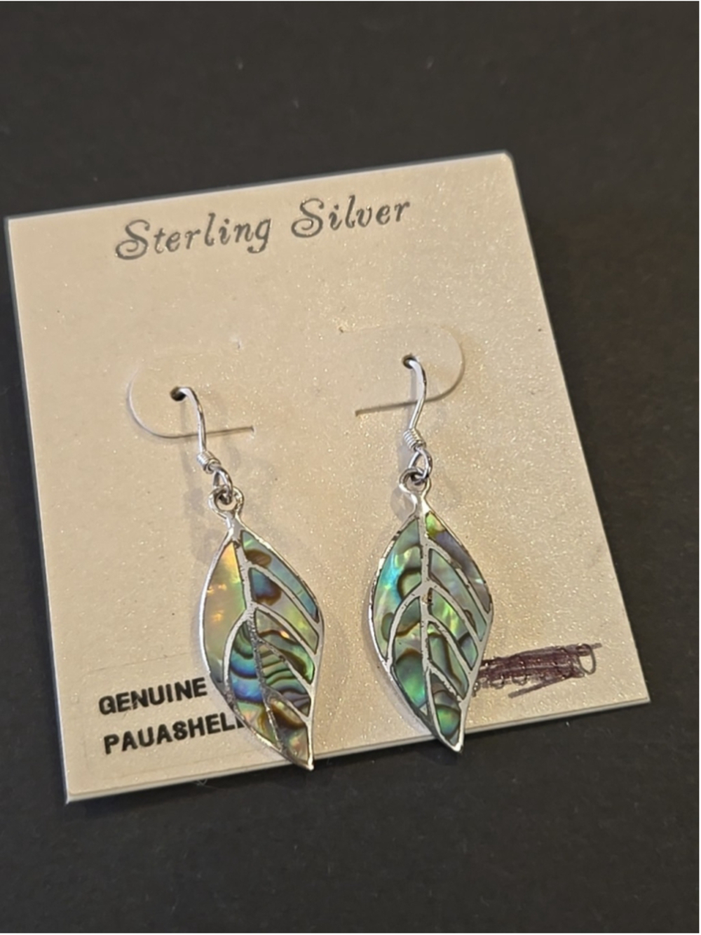 925 Sterling Silver Leaf and Abalone Dangle Earrings Made in Thailand (D-22) - Picture 2 of 3